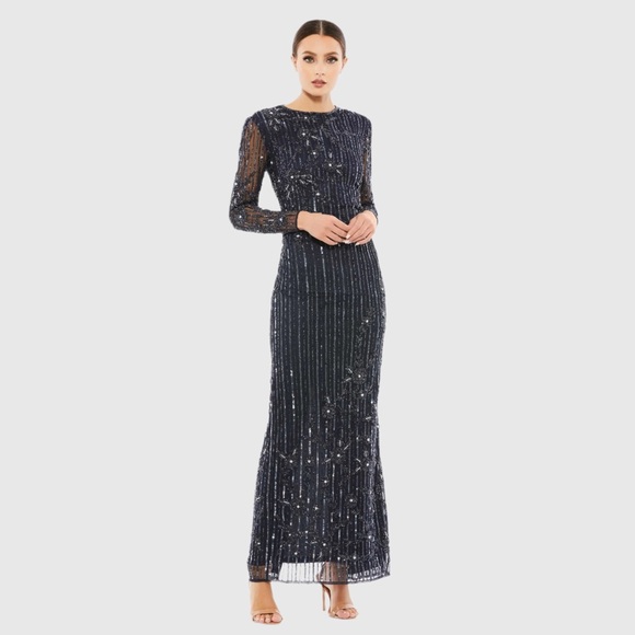 NWT $598 MAC DUGGAL Dark Blue Embellished High Neck Illusion Long Gown 93626